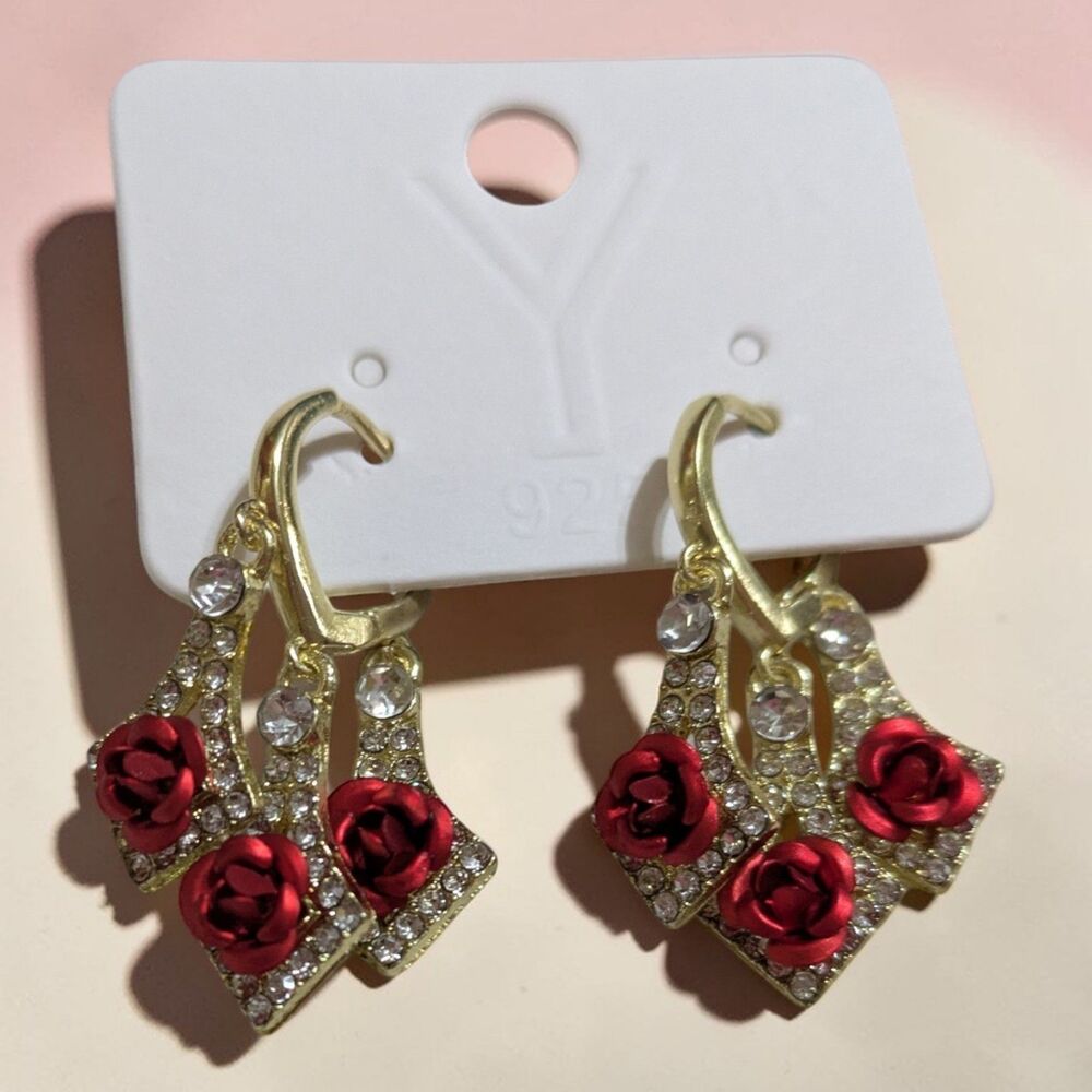 Gold Rose Dangle Hoop Earrings Rhinestone Floral Statement Earrings